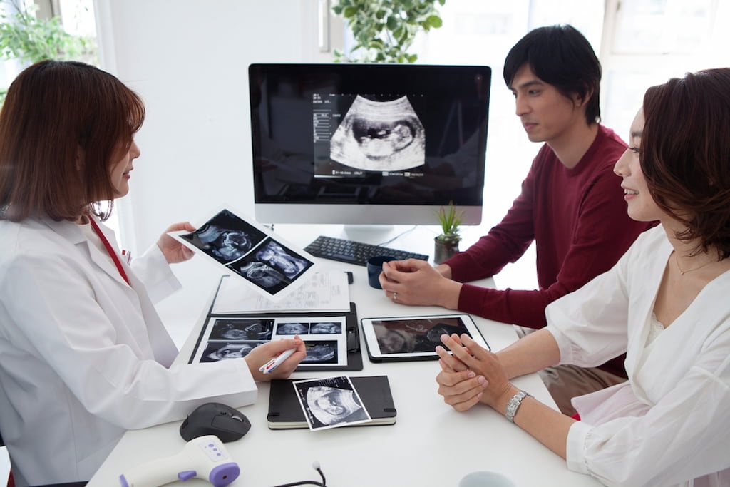 Doctor advising a couple on endometrial preparation for frozen embryo transfer procedure.