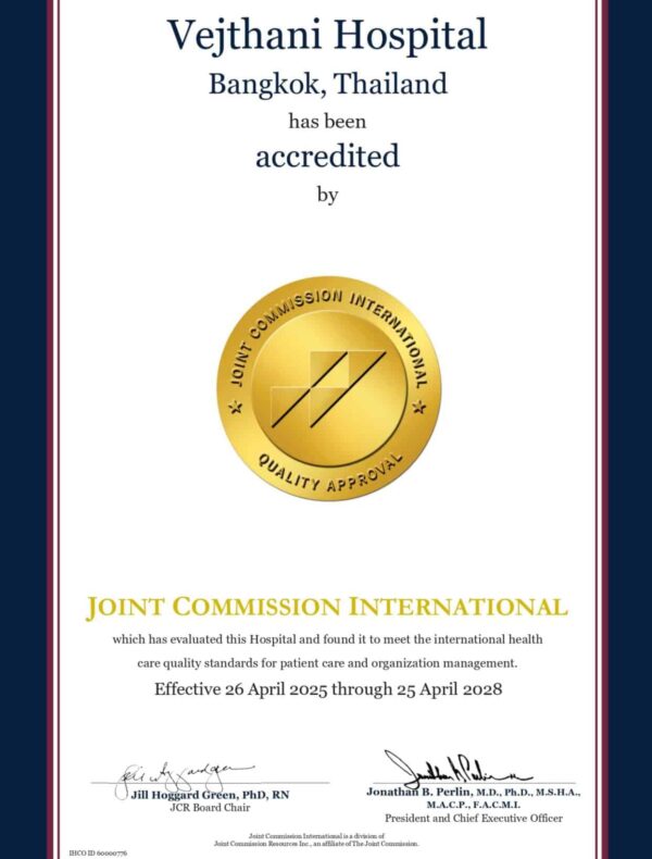 ใบประกาศเกียรติคุณรับรองมาตรฐาน JCI ที่มอบให้แก่โรงพยาบาลเวชธานี ใบประกาศเกียรติคุณรับรองมาตรฐาน JCI ที่มอบให้แก่โรงพยาบาลเวชธานี